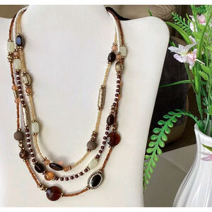 Beaded Faux Stone 3 Strand Necklace Mixed Media & Metal Vintage Boho Neutral 20”